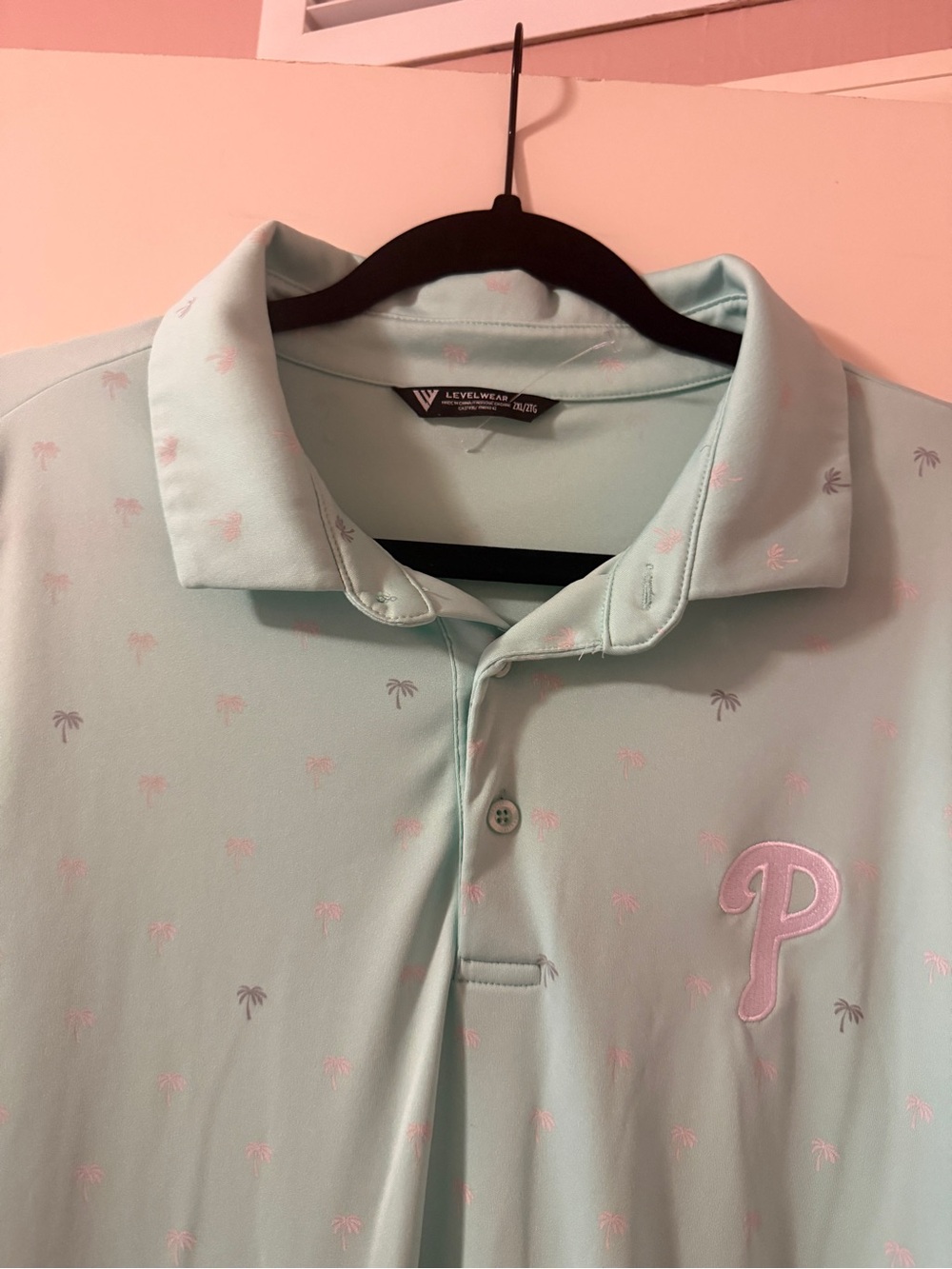Men’s Level Wear Mint Polo Shirt with Pink Embroidery and pink and grey 🌴 ‘s.
